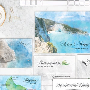 Digital Printable Invitation Files Destination Wedding ZAKYNTHOS GREECE Watercolor Painting Beach Wedding Custom Map Card Set Wedding ID781