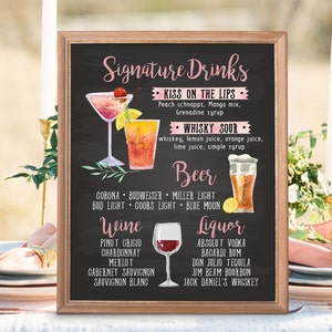 Menu de mariage imprimable numérique, menu de bar de mariage aquarelle, panneau de menu de cocktail de mariage au tableau, boissons signature Noël Nouvel An IDM2