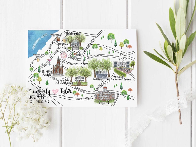 Custom Watercolor Wedding Map, Personalized Hand Drawn Wedding Map for Welcome Bag, Save the Date, Itinerary and Christmas Gift image 1