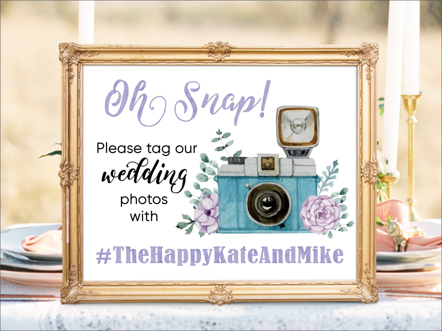 Watercolor Wedding Instagram Sign: Oh Snap Photo Hashtag (Digital Printable), image size:1500x1125