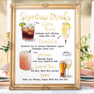 Digital Printable Wedding Bar Menu Sign, His and Hers Signature Drinks Cocktails Signs, Watercolor Beach Christmas New Year Chalkboard IDM25 image 3