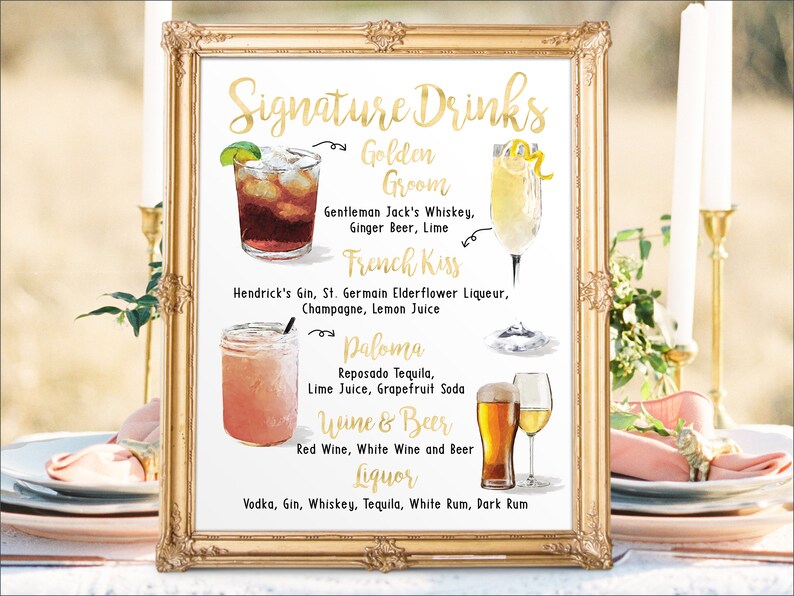 Digital Printable Wedding Bar Menu Sign, His and Hers Signature Drinks Cocktails Signs, Watercolor Beach Christmas New Year Chalkboard IDM25 image 3