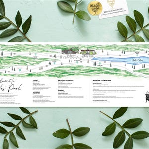 May include: A rectangular wedding itinerary card featuring a watercolour map of Estes Park with green mountains, a blue lake, and illustrations of the Stanley Hotel. The text includes a welcome message, event schedule, and mountain tips.