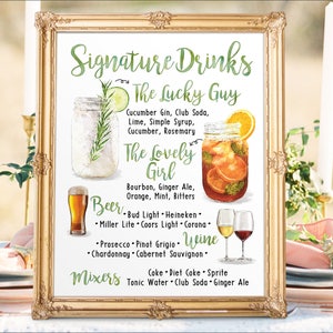 Panneau de menu numérique imprimable mariage bar, signature pour elle et lui, boissons cocktails signes, tableau aquarelle Noël nouvel an IDM47