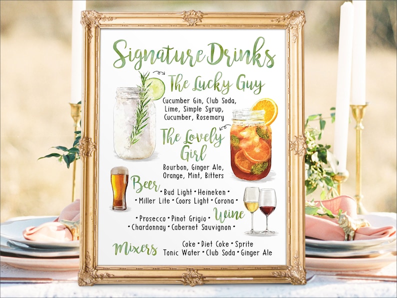 Digital Printable Wedding Bar Menu Sign, His and Hers Signature Drinks Cocktails Signs, Watercolor Chalkboard Christmas New Year IDM47 