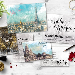 File digitali stampabili Destinazione Matrimonio Parigi Torre Eiffel Acquerello Pittura Invito di nozze RSVP Set di carte Cancelleria di nozze ID660
