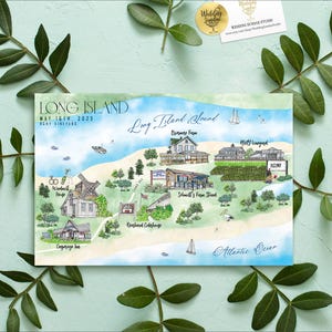 6-7 locaties aangepaste aquarel bruiloft kaart, gepersonaliseerde handgetekende kaart van Long Island NY voor welkomsttasje, bewaar deze datum, reisplan