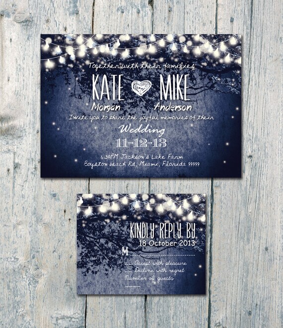 Digital Printable Files , Navy , Romantic Garden and Night Light Wedding Invitation RSVP Thank You Invitation Set , ID210N