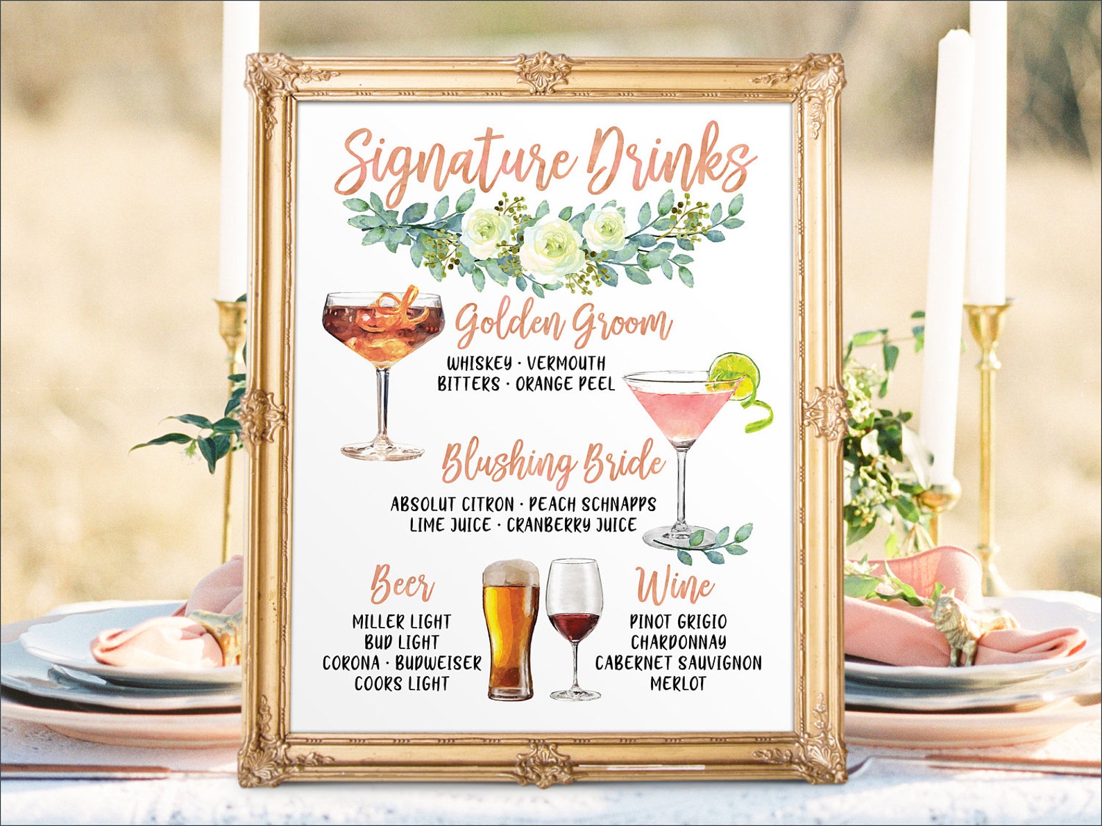 Digital Printable Wedding Bar Menu Sign Signature Drinks | Etsy