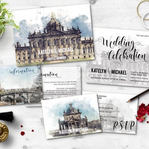 File digitali stampabili Destinazione Matrimonio Castello Howard UK Acquerello Pittura Invito di nozze RSVP Set di carte Cancelleria di nozze ID664