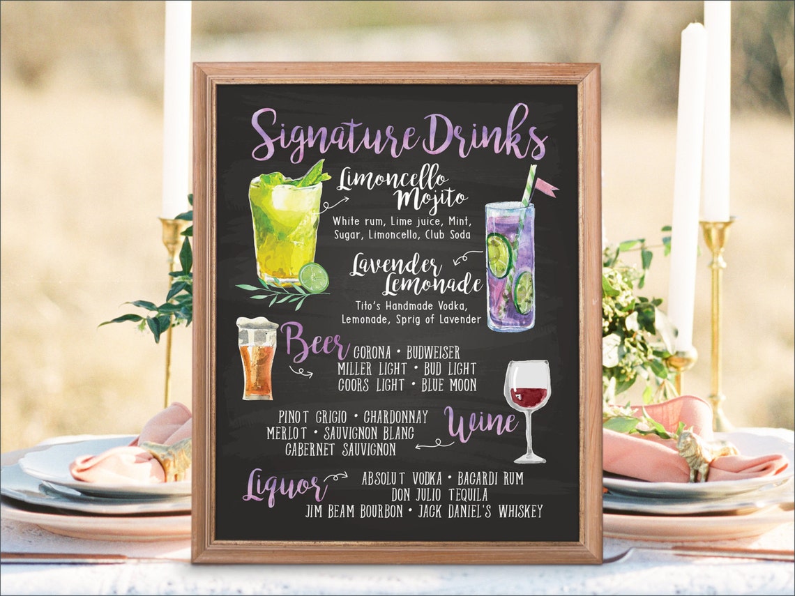 Digital Printable Wedding Menu Sign Watercolor Wedding Bar | Etsy