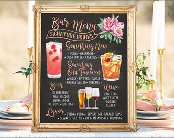 Digital Printable Wedding Bar Menu Sign, His and Hers Signature Drinks Cocktails Signs, Watercolor Chalkboard Christmas New Year IDM41