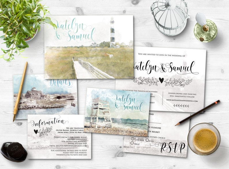 Outer Banks Wedding Invitation Set: Watercolor Beach Theme (digital ...