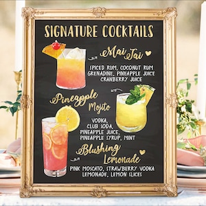Panneau de menu de bar de mariage imprimable numérique, panneaux de cocktails de boissons signature pour elle et lui, tableau aquarelle de Noël et du nouvel an IDM37