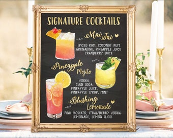 Digital Printable Wedding Bar Menu Sign, His and Hers Signature Drinks Cocktails Signs, Watercolor Chalkboard Christmas New Year IDM37