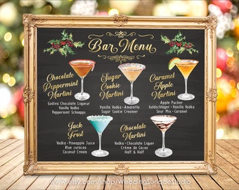 Digital Printable Wedding Bar Menu Sign, Watercolor Chalkboard Christmas New Year His and Hers Signature Drinks Cocktails Signs IDM54