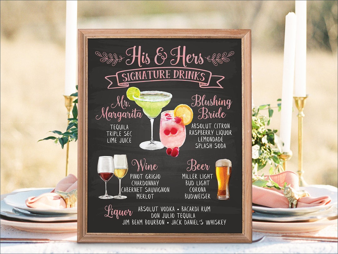 Digital Printable Wedding Bar Menu Sign, Signature Drinks Cocktails ...