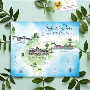 1-3 locaties aangepaste aquarel trouwkaart, gepersonaliseerde handgetekende Kent Island-kaart voor welkomsttasje, bewaar deze datum, reisplan enz.