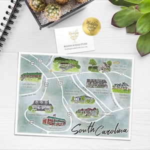 Custom Watercolor Wedding Map, Auburn Alabama Personalized Hand Drawn Wedding Map for Welcome Bag, Save the Date, Itinerary image 3