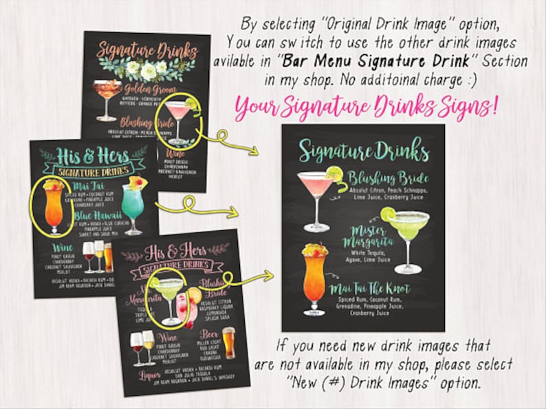 Digital Printable Wedding Bar Menu Sign, His and Hers Signature Drinks Cocktails Signs, Watercolor Beach Christmas New Year Chalkboard IDM25 image 5