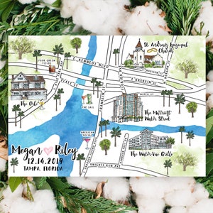 4-5 locaties aangepaste aquarel bruiloft kaart, gepersonaliseerde handgetekende kaart Tampa Florida voor welkomsttasje, bewaar deze datum, reisplan
