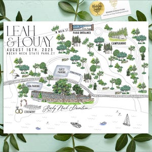 May include: A detailed map illustration for a wedding, featuring the names Leah & Louay, the date August 16th, 2025, and the location Rocky Neck State Park, CT. The map includes key areas like the ceremony site, parking, and campground, with decorative elements.