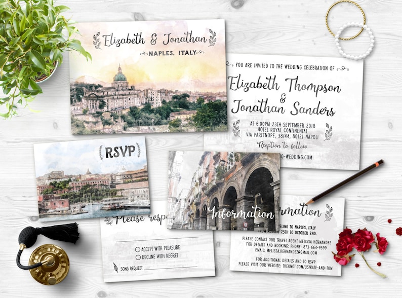 Digital Printable Files Destination Wedding Beach NAPLES ITALY NAPOLI Watercolor Painting Wedding Invitation Reply Card Set Wedding ID716