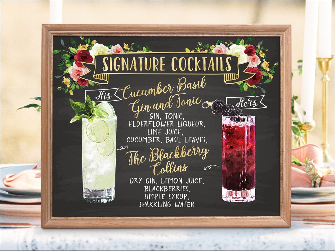 Digital Printable Wedding Bar Menu Sign, Botanical Signature Drinks ...