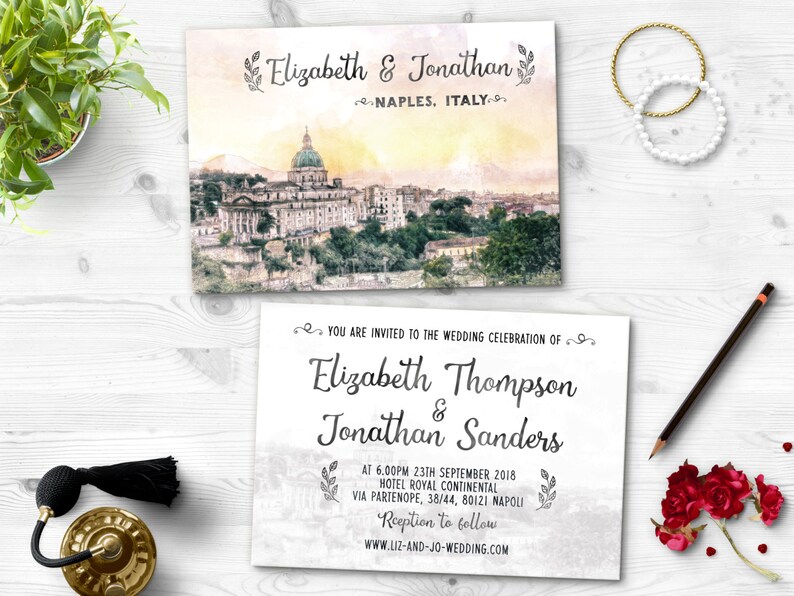 Digital Printable Files Destination Wedding Beach NAPLES ITALY NAPOLI Watercolor Painting Wedding Invitation Reply Card Set Wedding ID716