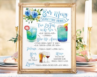 Watercolor Wedding Bar Menu Sign: Signature Drinks (Digital Printable)