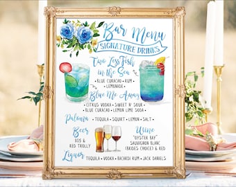 Digital Printable Wedding Bar Menu Sign, His and Hers Signature Drinks Cocktails Signs, Watercolor Chalkboard Christmas New Year IDM40