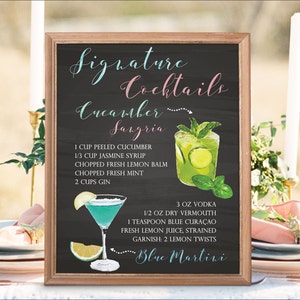 Panneau de menu de mariage imprimable numérique, menu de bar de mariage aquarelle, bar à cocktails de mariage boissons signature tableau de Noël nouvel an IDMC2
