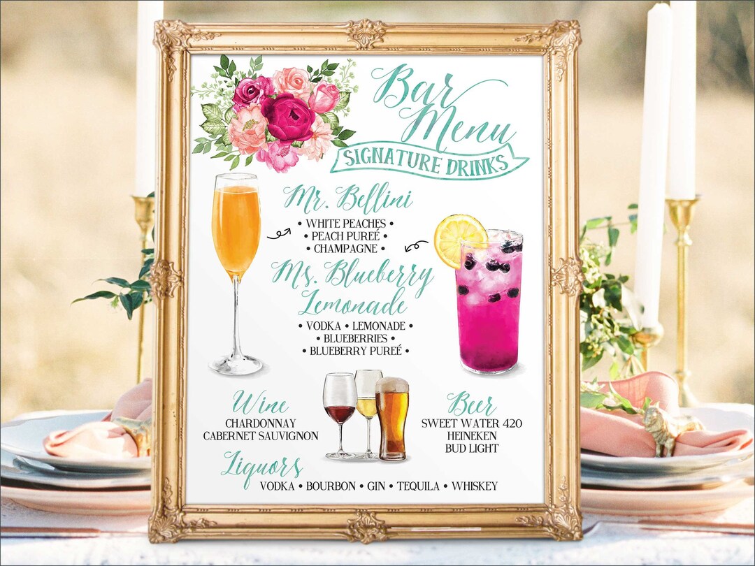 Digital Printable Wedding Bar Menu Sign, Signature Drinks Cocktails ...