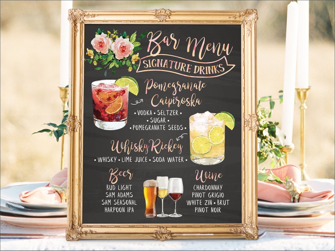 Budweiser ウェルカムボード　bar メニューボード Watercolor Wedding Bar Menu Sign: Signature Drinks (digital