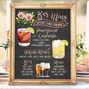 Watercolor Wedding Bar Menu Sign: Signature Drinks (Digital Printable)