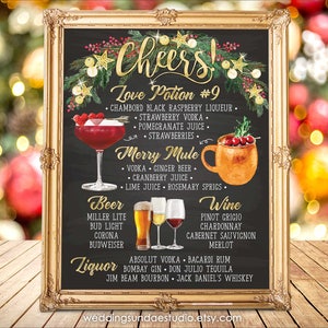 Digital Printable Christmas Party Bar Menu Sign, Christmas or New Year Signature Drinks Cocktails Signs, Watercolor on Chalkboard,  IDM48