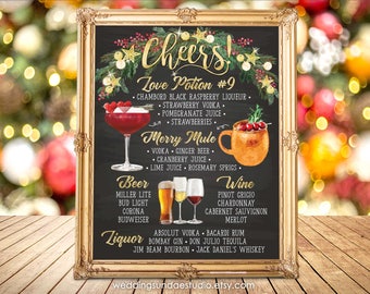 Digital Printable Christmas Party Bar Menu Sign, Christmas or New Year Signature Drinks Cocktails Signs, Watercolor on Chalkboard,  IDM48