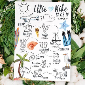 May include: A hand-drawn illustration of a wedding itinerary for a destination wedding in Cancun, Mexico. The itinerary includes activities like a boat cruise, beach time, and a reception. The illustration is in a whimsical style with colorful accents.