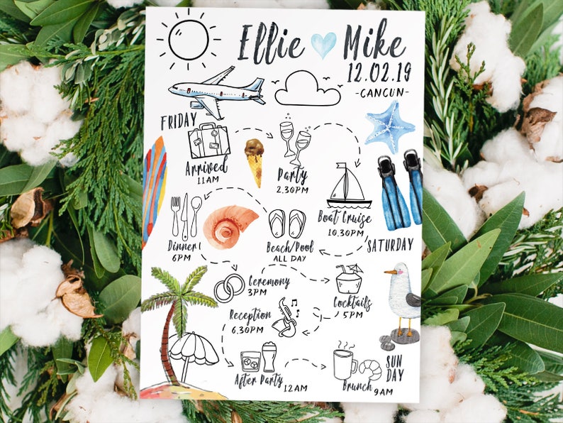 May include: A hand-drawn illustration of a wedding itinerary for a destination wedding in Cancun, Mexico. The itinerary includes activities like a boat cruise, beach time, and a reception. The illustration is in a whimsical style with colorful accents.