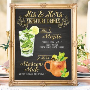 Digital druckbare Hochzeit Bar Menü Zeichen, seine und ihre Signatur Getränke Cocktails Zeichen, Aquarell Tafel Weihnachten Neujahr IDM31