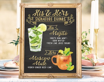 Digital Printable Wedding Bar Menu Sign, His and Hers Signature Drinks Cocktails Signs, Watercolor Chalkboard Christmas New Year IDM31