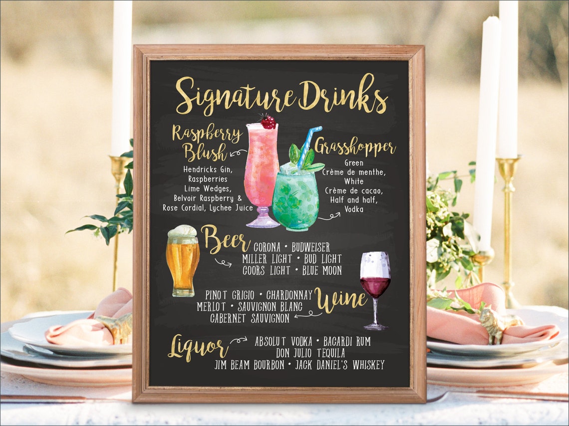 Digital Printable Wedding Bar Menu Sign Watercolor Wedding | Etsy