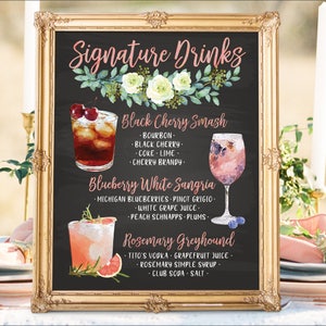 Panneau de menu numérique imprimable mariage bar, signature pour elle et lui, boissons cocktails signes, tableau aquarelle Noël nouvel an signe IDM35
