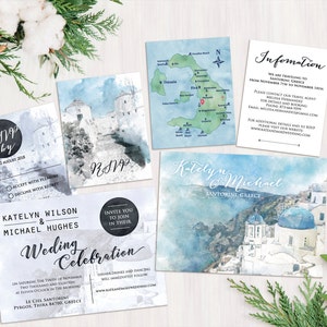 Digitale Druckbare Dateien Destination Hochzeit Griechenland Santorini Aquarell Hochzeit Einladungsset RSVP Karte Info ID659