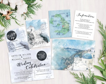 Digital Printable Files Destination Wedding Greece Santorini Watercolor Painting Wedding Invitation Set RSVP Map Info ID659