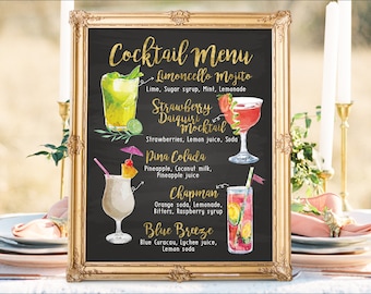 Digital Printable Wedding Bar Menu Sign, His and Hers Signature Drinks Cocktails Signs, Watercolor Beach Chalkboard Christmas New Year IDM26