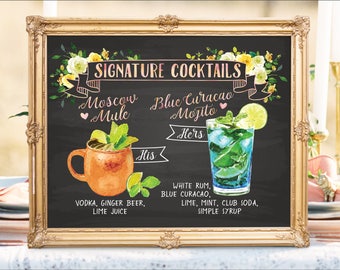 Digital Printable Wedding Bar Menu Sign, His and Hers Signature Drinks Cocktails Signs, Watercolor Chalkboard Christmas New Year IDM32