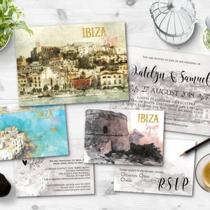 Fichiers imprimables numériques Destination Mariage Ibiza Plage Espagne Aquarelle Peinture Mariage Invitation RSVP Carte Set Mariage Papeterie ID672