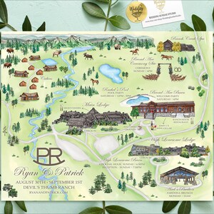 8-9 Locations Custom Watercolor Wedding Map, Personalized Hand Drawn Resort and Ranch Map for Welcome Bag, Save the Date, Itinerary