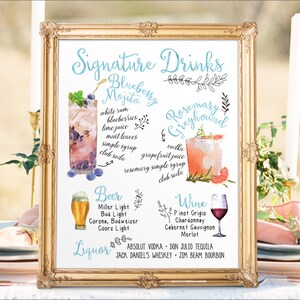 Digital Printable Wedding Menu Sign, Watercolor Wedding Bar Menu ...